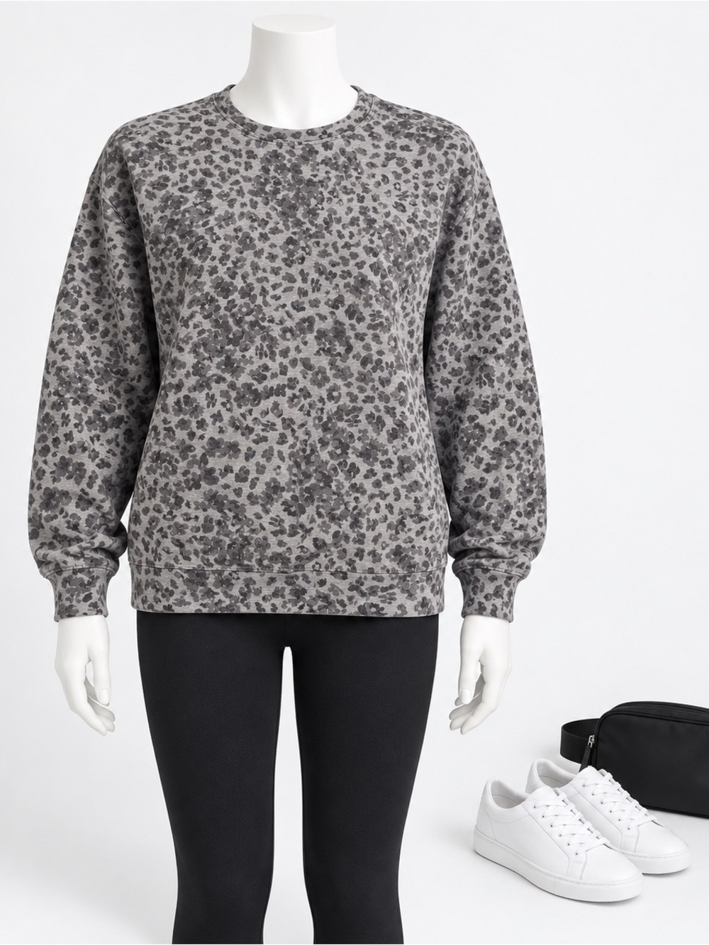 Athleta Gray Leopard Print Relaxed Crewneck Sweatshirt Medium